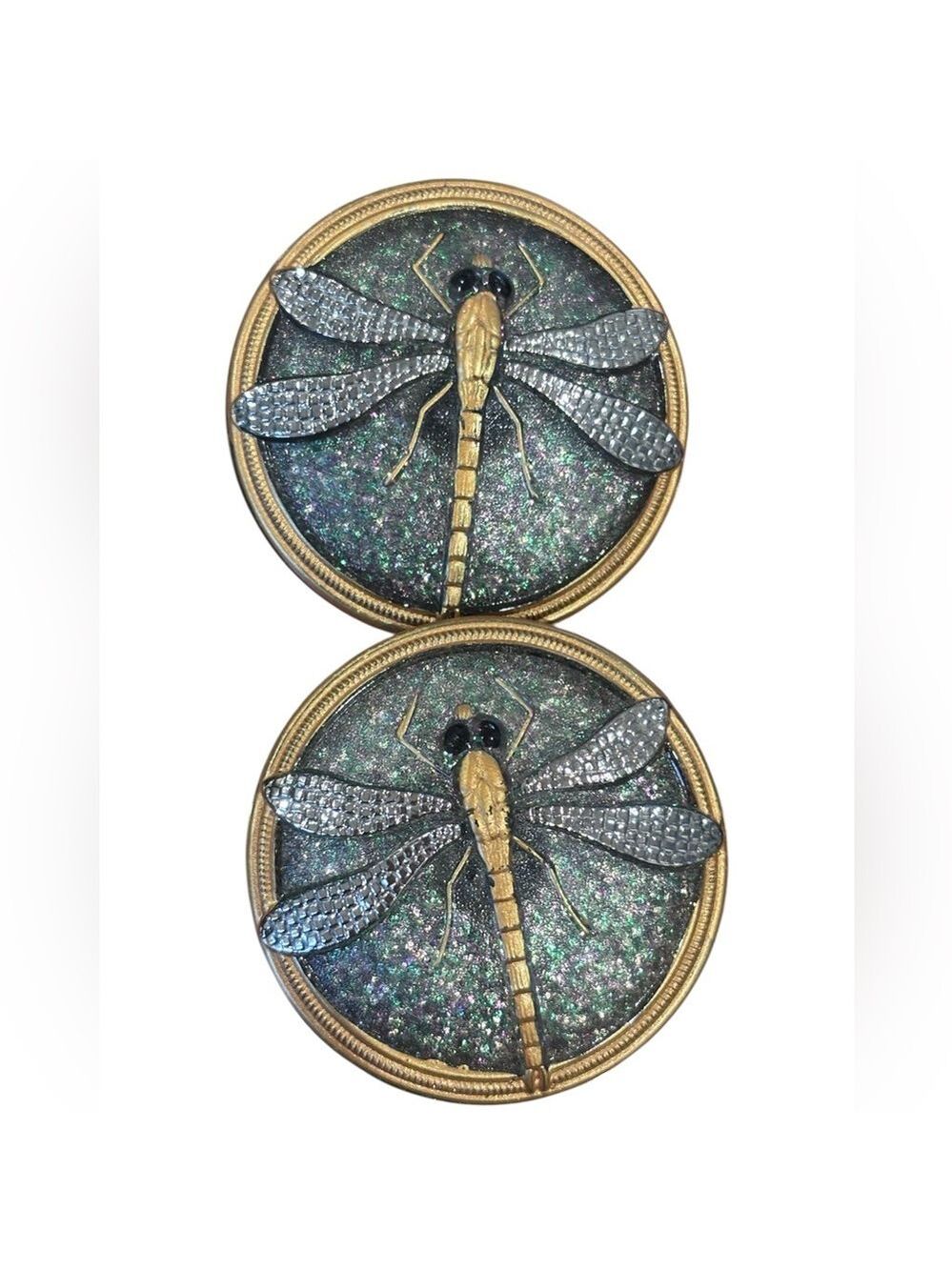 VTG 2PC GLITTERING DRAGONFLY BUTTONS 1.5” ROUND BUTTONS FAIRYCORE